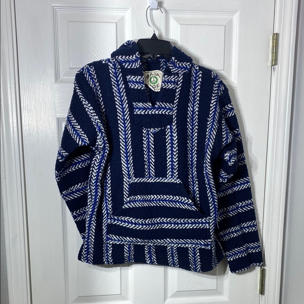 Navy Blue and White Striped Baja Hoodie Sweatshirt. Hanger 001